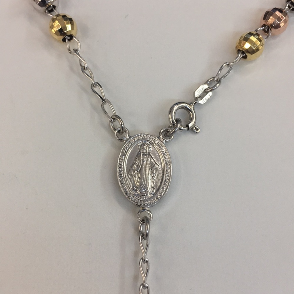 Italian Silver Tri Color Rosary Beads Chain Cross - Picture 3 of 8